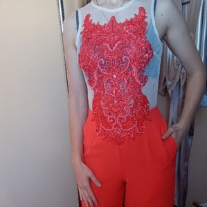 Elegant Red Lace Embellished Jumpsuit